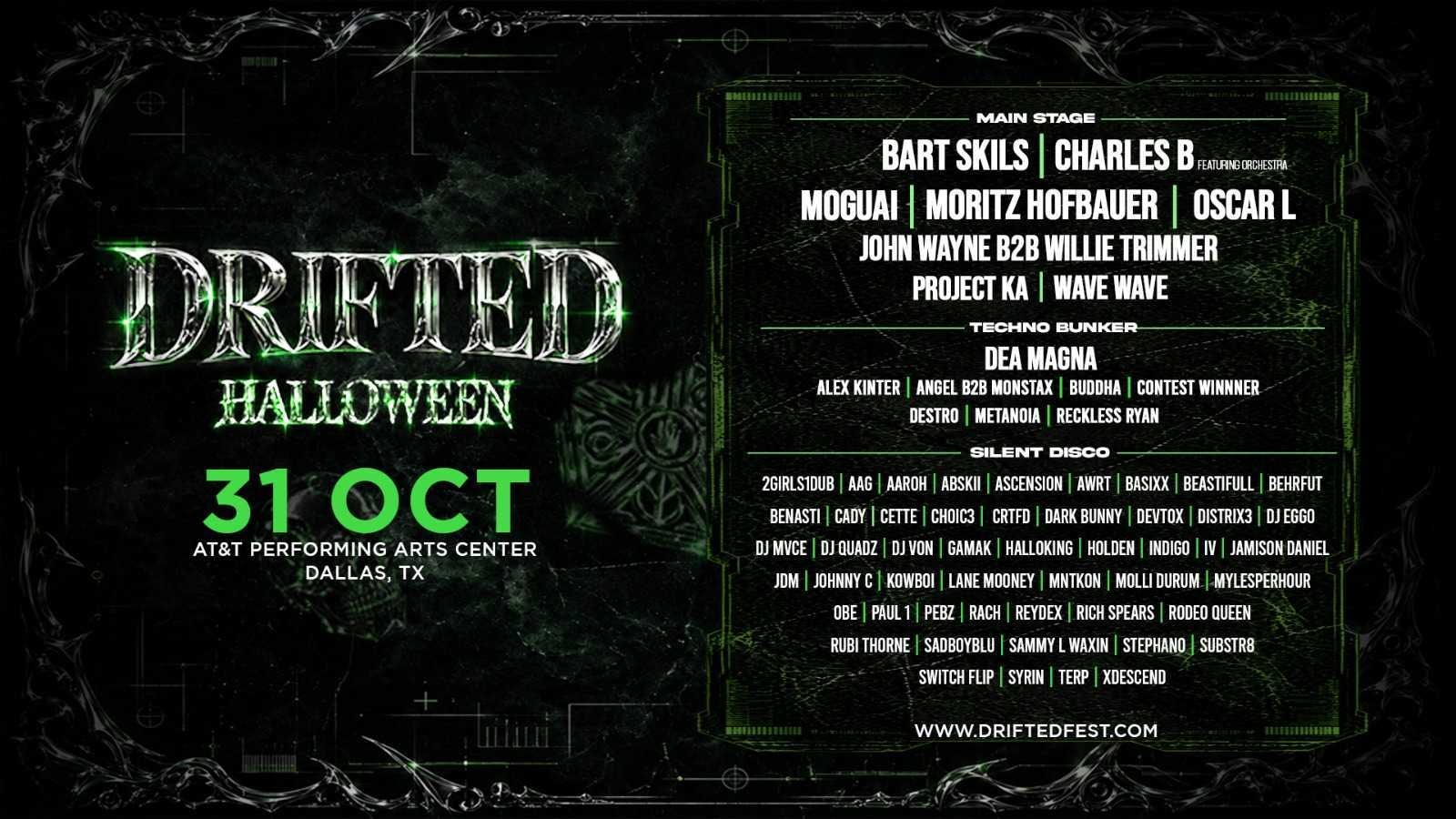 Drifted Halloween 2026 Official Lineup Poster · 31 Oct · AT&T Performing Arts Center Dallas TX · Main Stage, Techno Bunker, Silent Disco